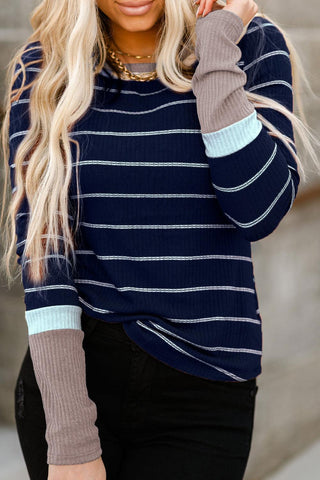 Color Block Cuffs Rib Knit Striped Pullover - Navy - Soho Chic Shoppe