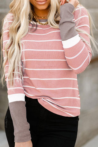 Color Block Cuffs Rib Knit Striped Pullover - Pink - Soho Chic Shoppe