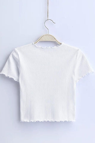Curled Hem Short Sleeve Ribbed Knit Crop Top - White - Soho Chic Shoppe