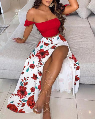 Off Shoulder Crop Top & Slit Maxi Skirt Set - Red Floral - Soho Chic Shoppe