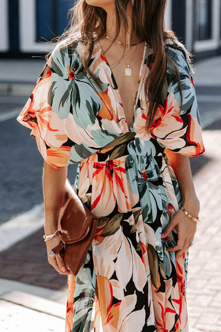 Orange Floral Kimono Long Dress - Soho Chic Shoppe