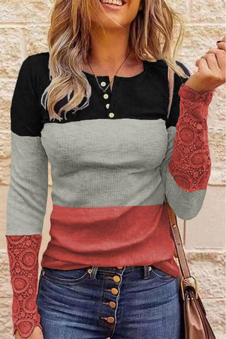 Ribbed Lace Splicing Color Block Long Sleeve Top - Red/Grey/Black - Soho Chic Shoppe