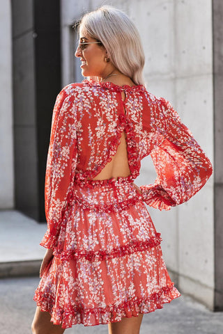 Ruffle Detailing Open Back Floral Dress - Red - Soho Chic Shoppe