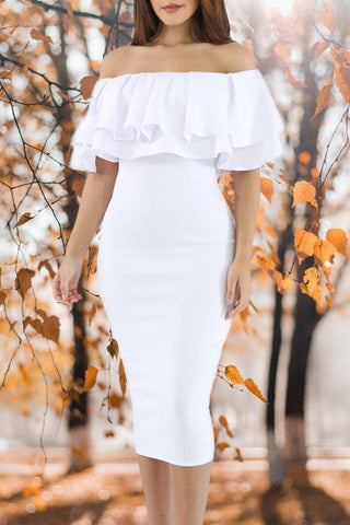 White Layered Ruffle Off Shoulder Mid Dress - Soho Chic Shoppe